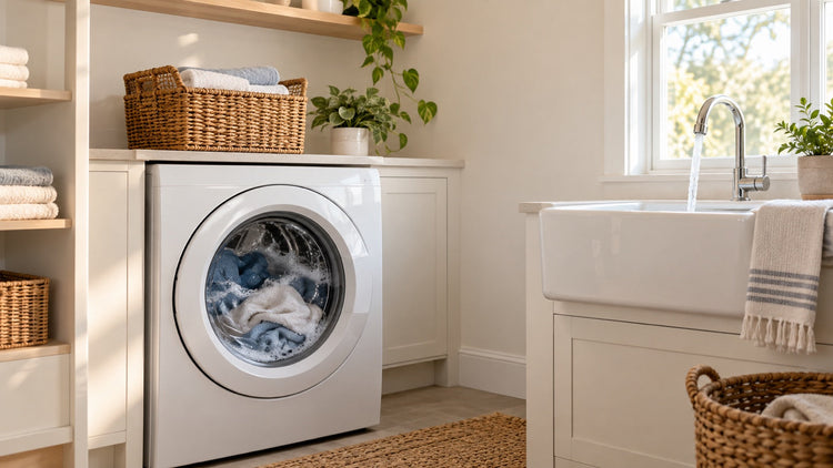 Front-loading washing machine running beside a utility sink with the faucet on in a bright home laundry room