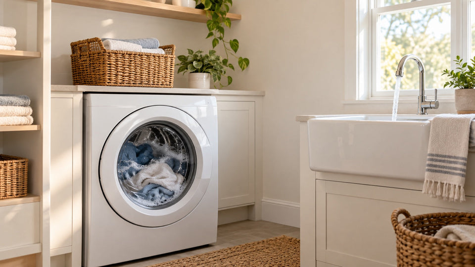Front-loading washing machine running beside a utility sink with the faucet on in a bright home laundry room