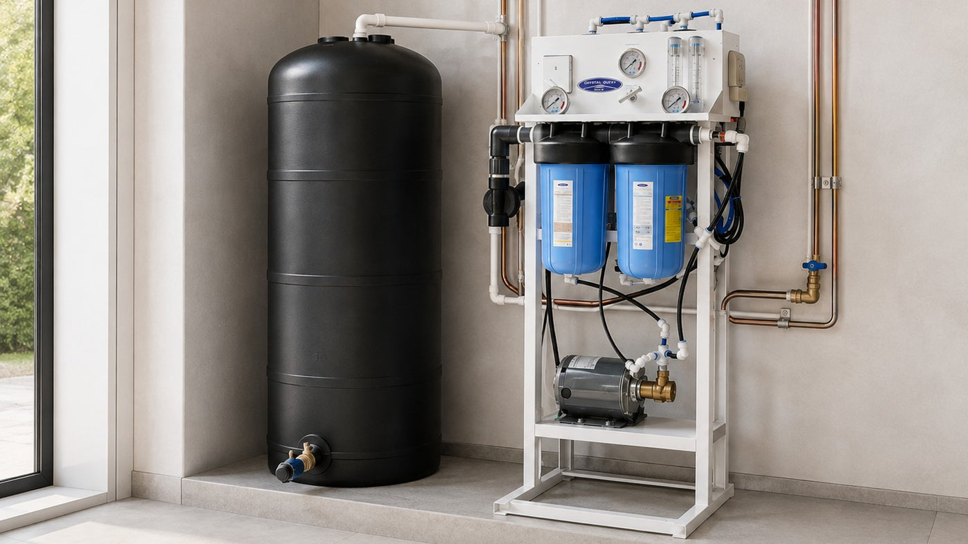 Crystal Quest whole house reverse osmosis system plumbed into a utility room wall beside its black atmospheric storage tank
