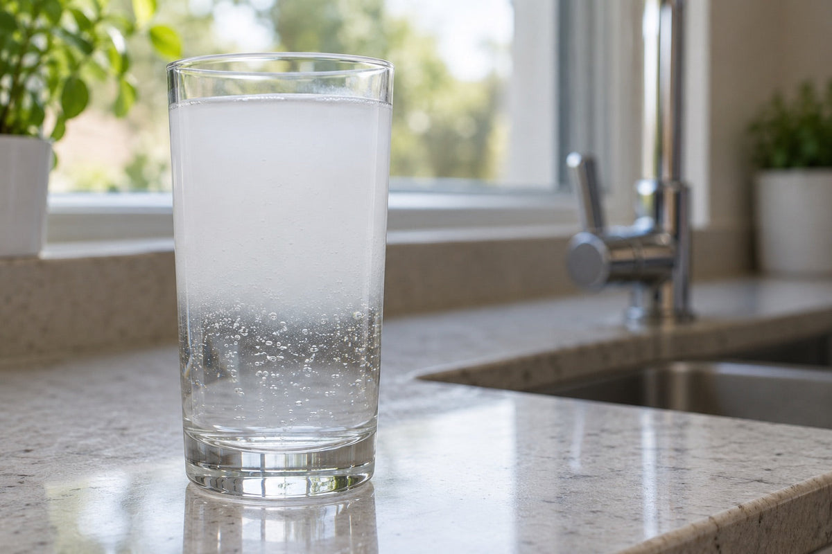 A clear glass of tap water on a kitchen counter, milky white at the top and clearing from the bottom up as tiny air bubbles rise.