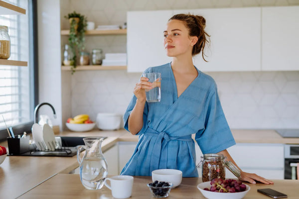 woman in a robe sipping a glass of clean water in a bright home kitchen while recovering