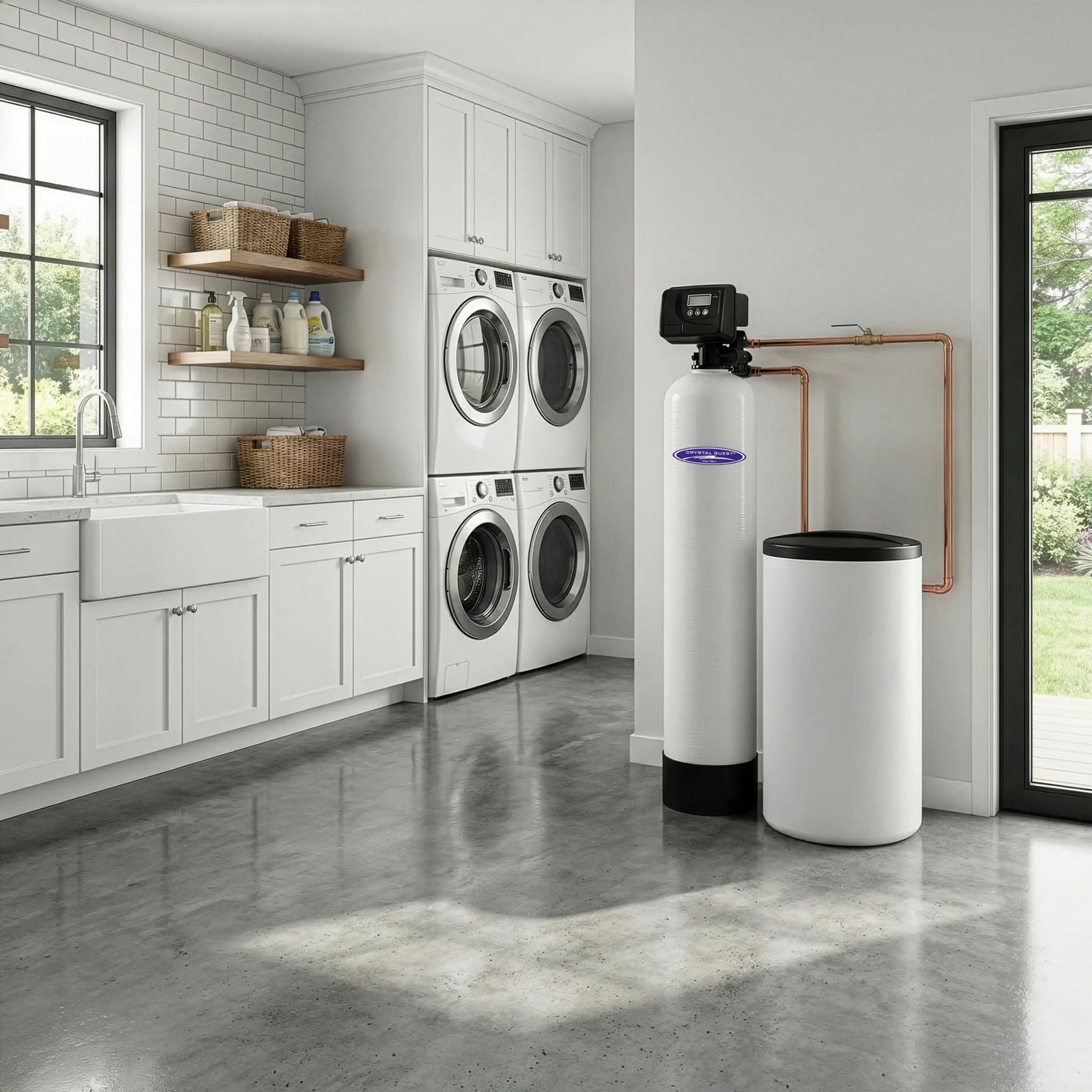 best whole house water softener system crystal quest water softener in a laundry room with grey flooring and natural light coming in