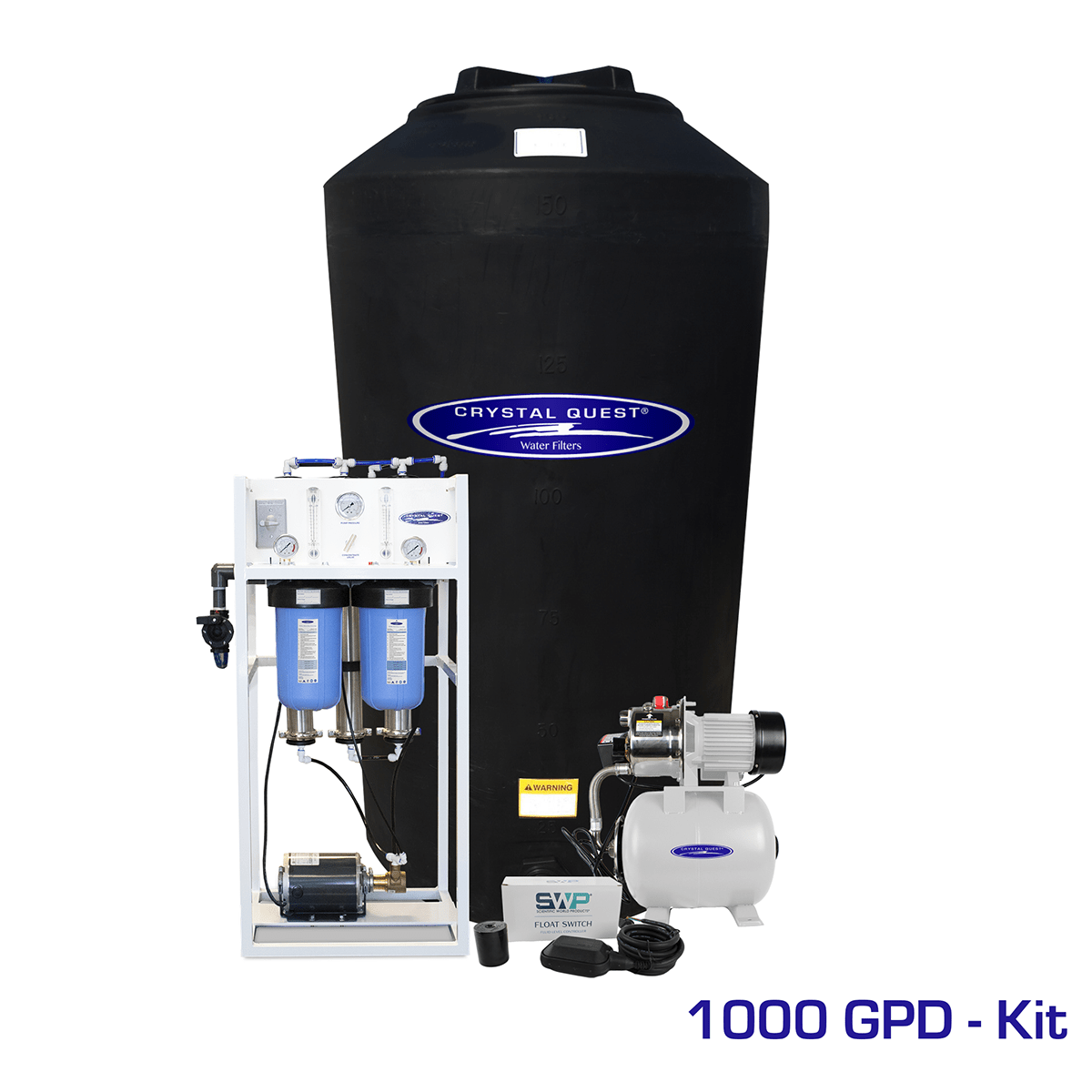Commercial Mid-Flow RO System, 1,000 GPD kit with 165 gallon black storage tank, booster pump and float switch