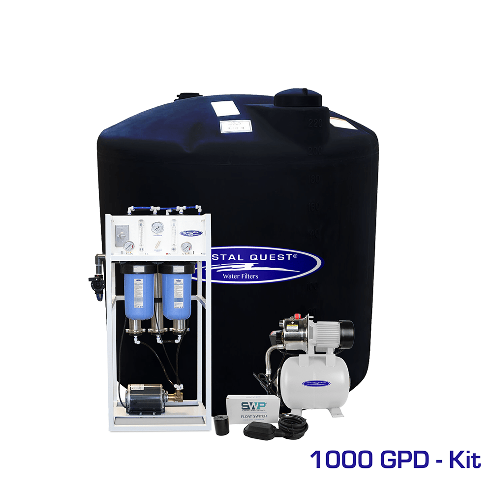 Commercial Mid-Flow RO System, 1,000 GPD kit with 220 gallon black storage tank, booster pump and float switch