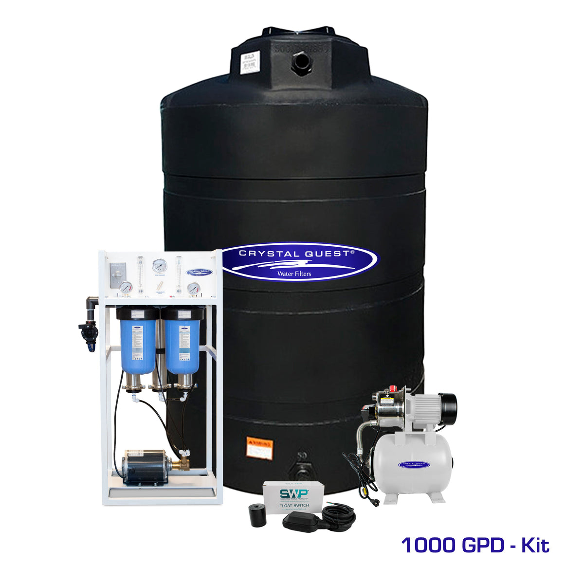 Commercial Mid-Flow RO System, 1,000 GPD kit with large black storage tank, booster pump and float switch