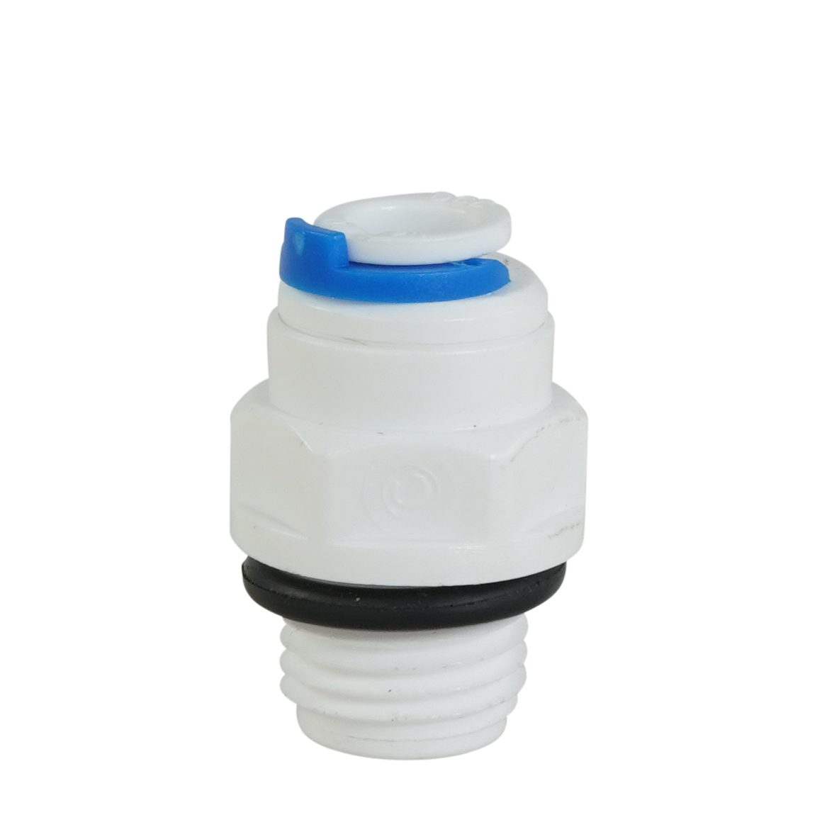 1/4 inch Quick Connect, white push-fit fitting with blue collet, black O-ring and threaded end