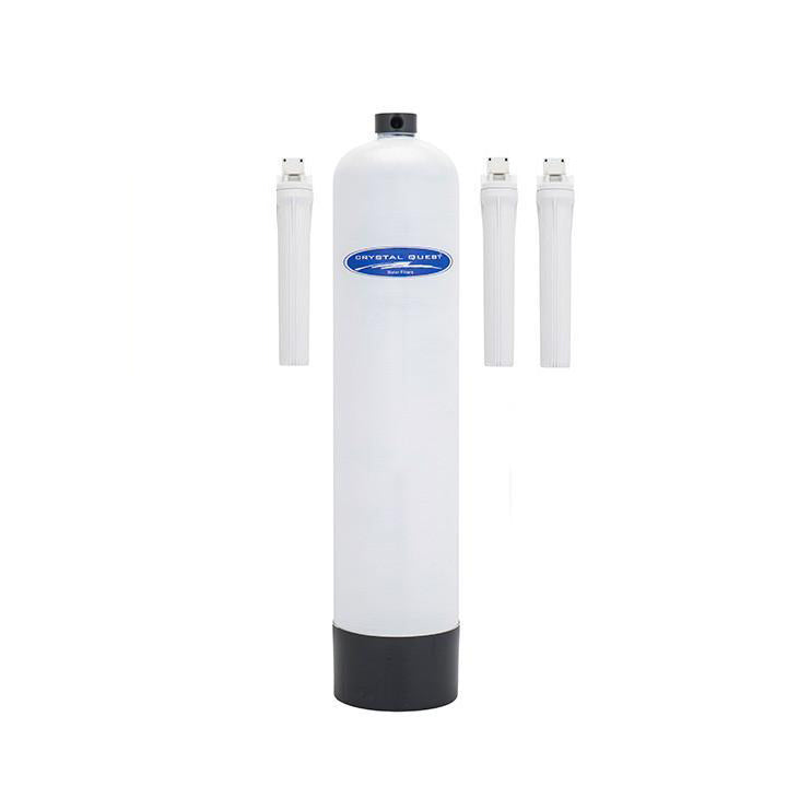 Salt-Free Water Conditioner, white fiberglass tank with three white filter housings