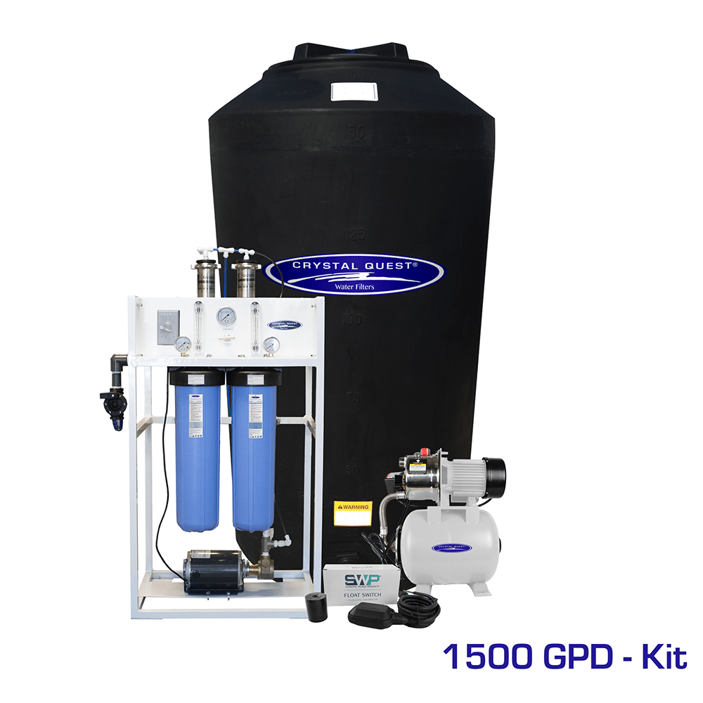 Commercial Mid-Flow RO System, 1,500 GPD kit with 165 gallon black storage tank, booster pump and float switch