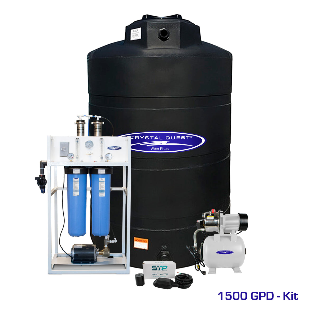 Commercial Mid-Flow RO System, 1,500 GPD kit with large black storage tank, booster pump and float switch