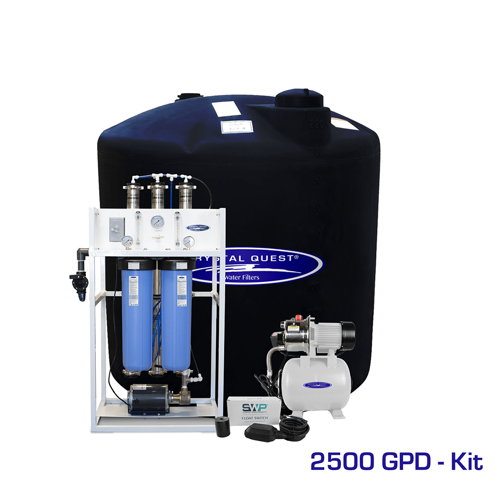 Commercial Mid-Flow RO System, 2,500 GPD kit with wide black storage tank, booster pump and float switch