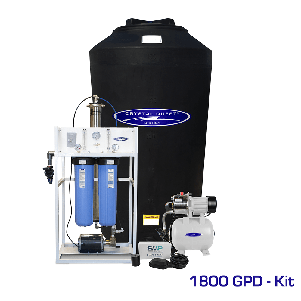 Commercial Mid-Flow RO System, 1,800 GPD kit with 165 gallon black storage tank, booster pump and float switch