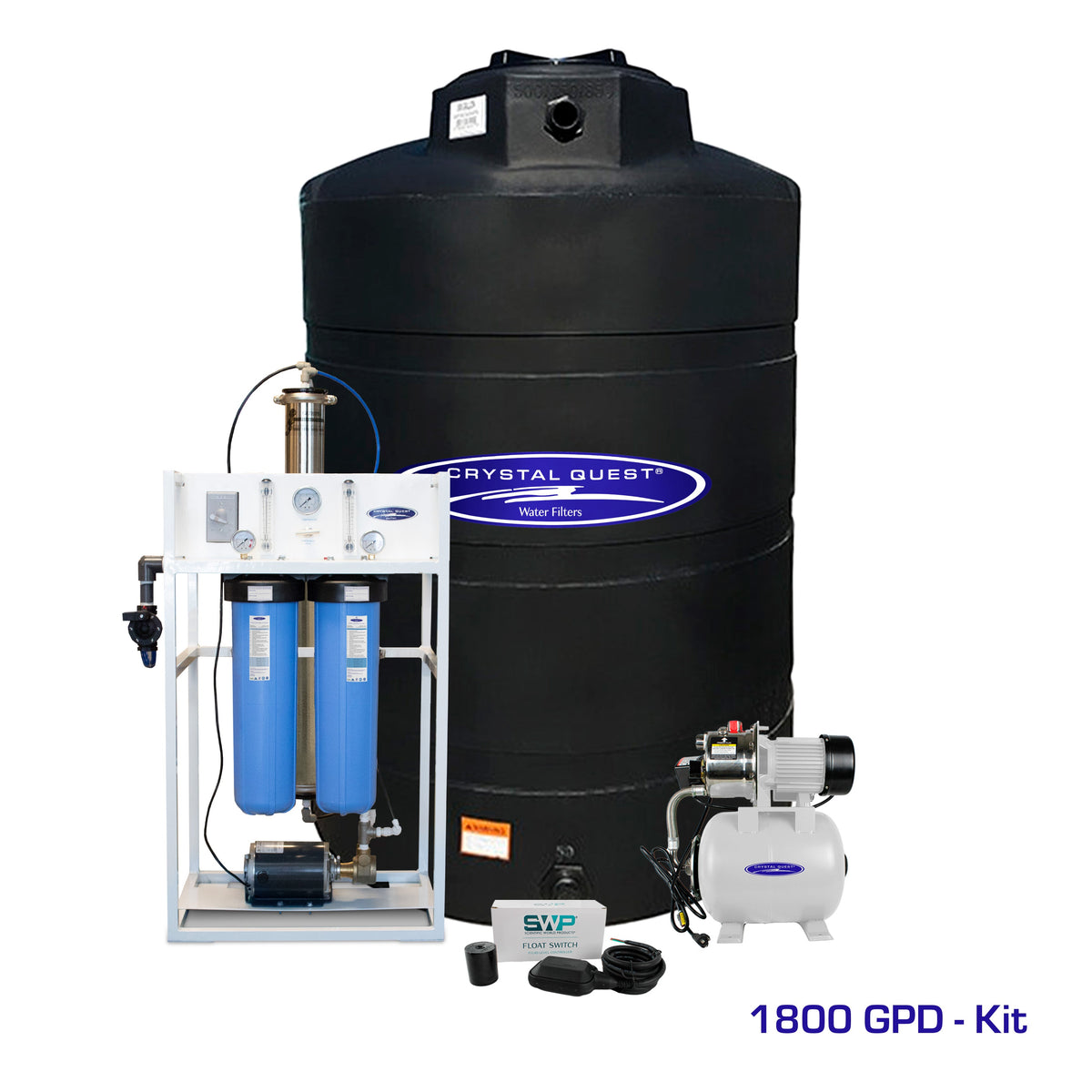 Commercial Mid-Flow RO System, 1,800 GPD kit with 500 gallon black storage tank, booster pump and float switch
