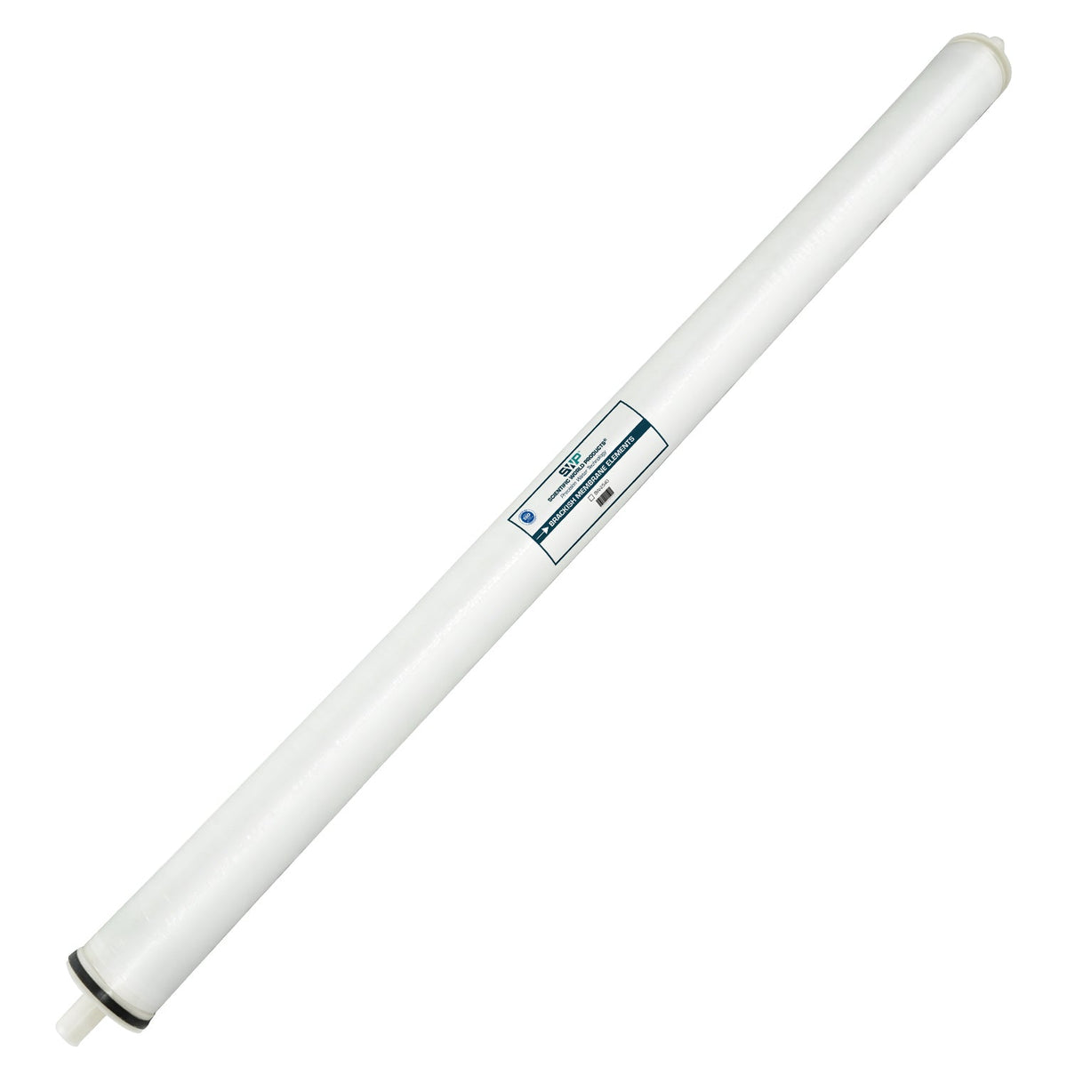 2.5" x 40" Brackish Water Reverse Osmosis Membrane, long white wrapped element with label, angled view
