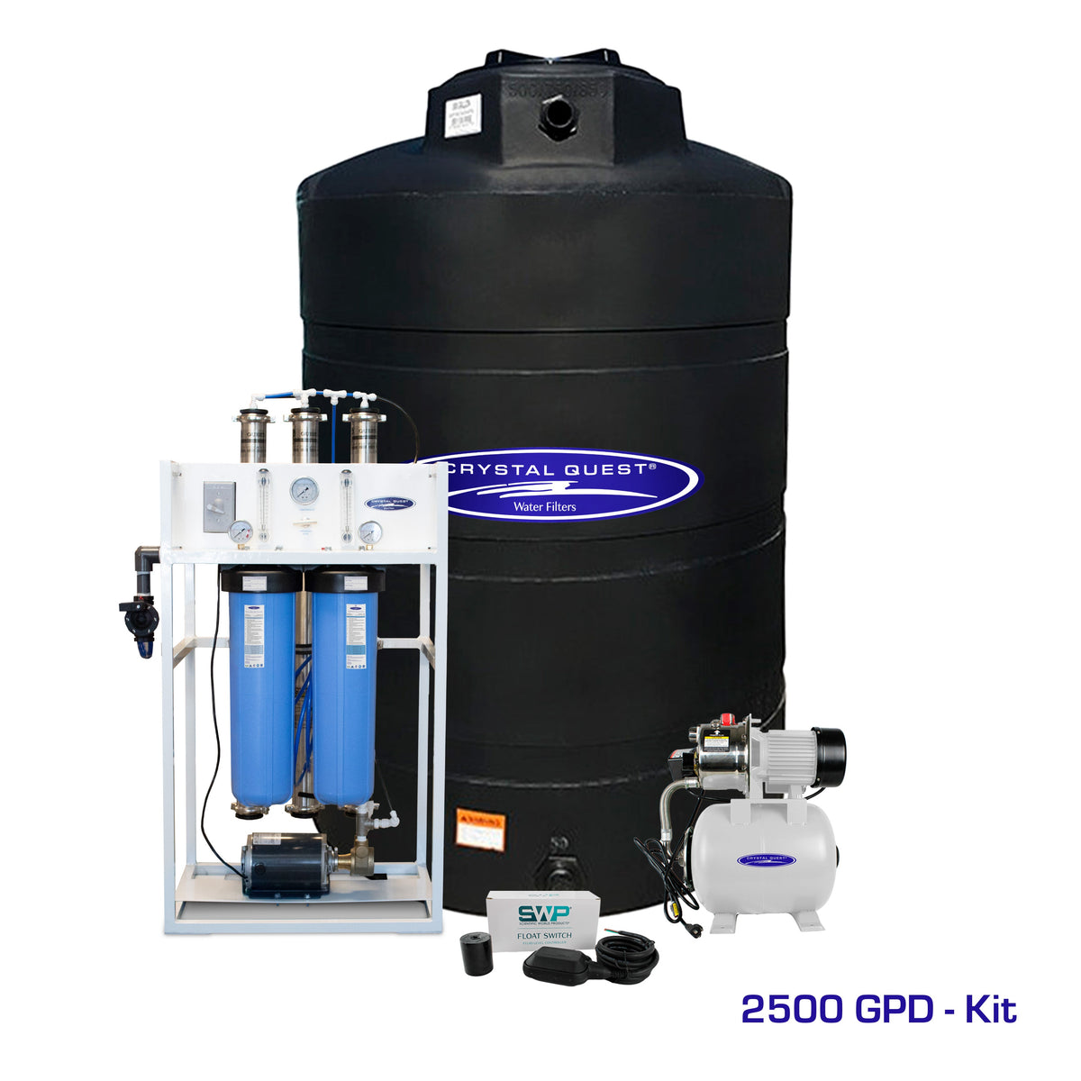 Commercial Mid-Flow RO System, 2,500 GPD kit with large black storage tank, booster pump and float switch