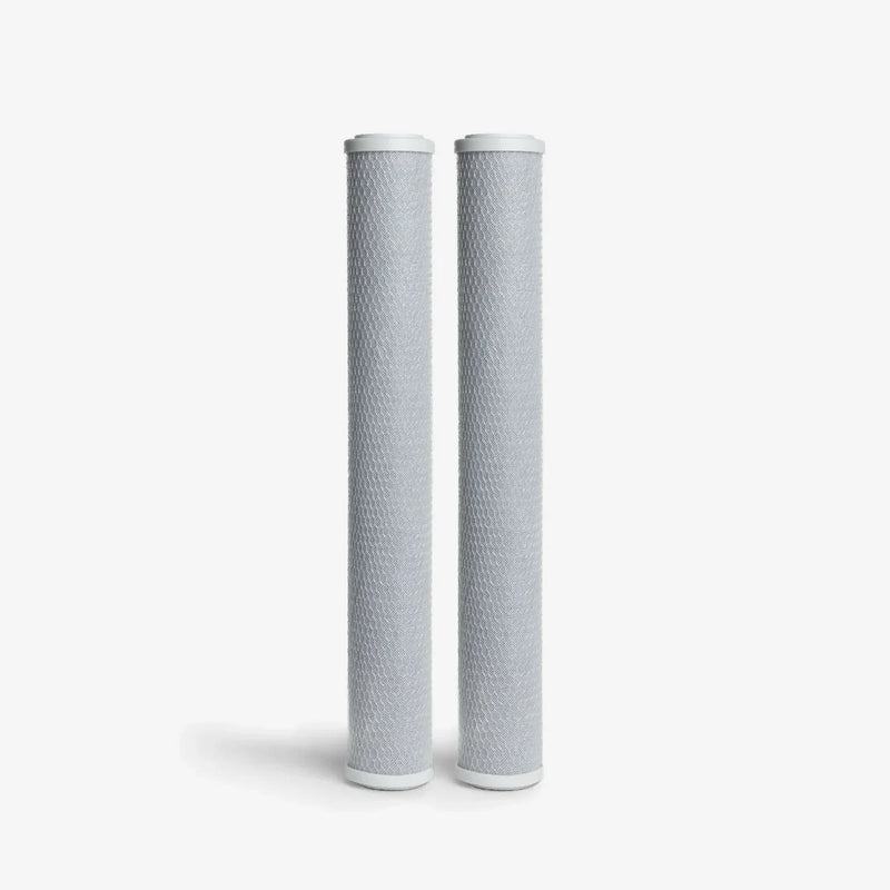 Coconut Based 5-Micron Carbon Block Cartridge, 2-7/8 x 20 inch pack of two tall gray mesh-wrapped blocks with white end caps