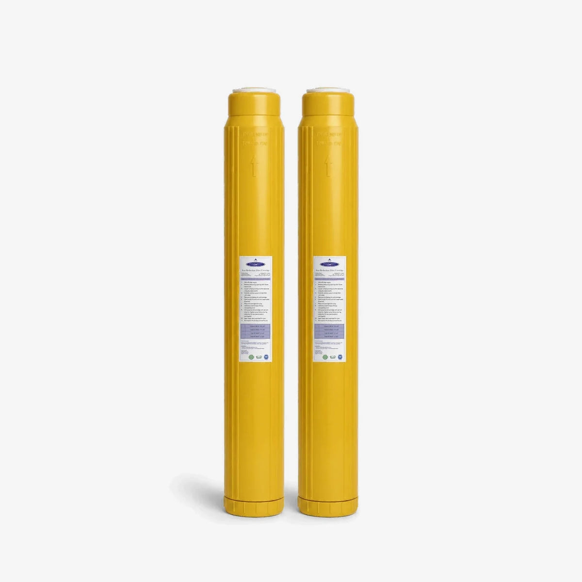 Iron Filter Cartridge, 2-7/8 x 20 inch pack of two tall slim yellow cartridges with white labels