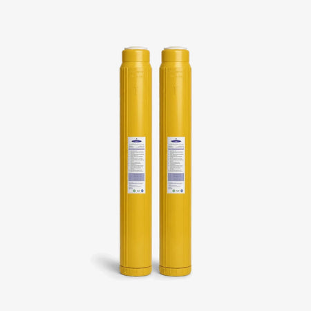 Iron Filter Cartridge, 2-7/8 x 20 inch pack of two tall slim yellow cartridges with white labels