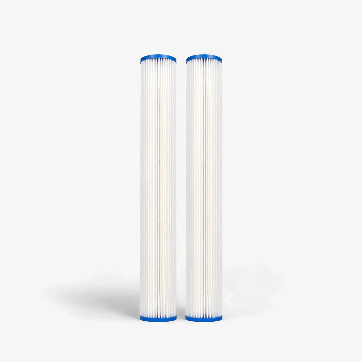 Pleated Cellulose Sediment Cartridge, 2-7/8 x 20 inch pack of two tall slim white pleated cartridges with blue end caps
