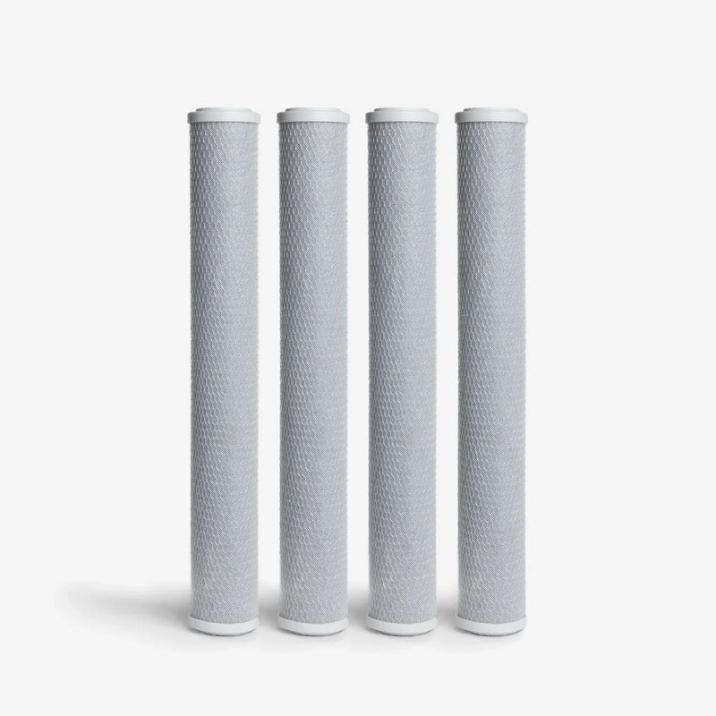 Coconut Based 5-Micron Carbon Block Cartridge, 2-7/8 x 20 inch pack of four tall gray mesh-wrapped blocks with white end caps
