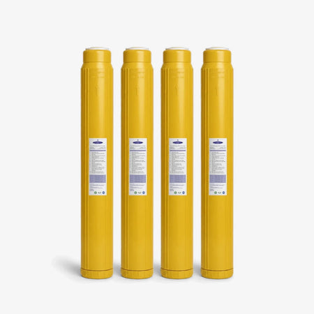 Iron Filter Cartridge, 2-7/8 x 20 inch pack of four tall slim yellow cartridges with white labels