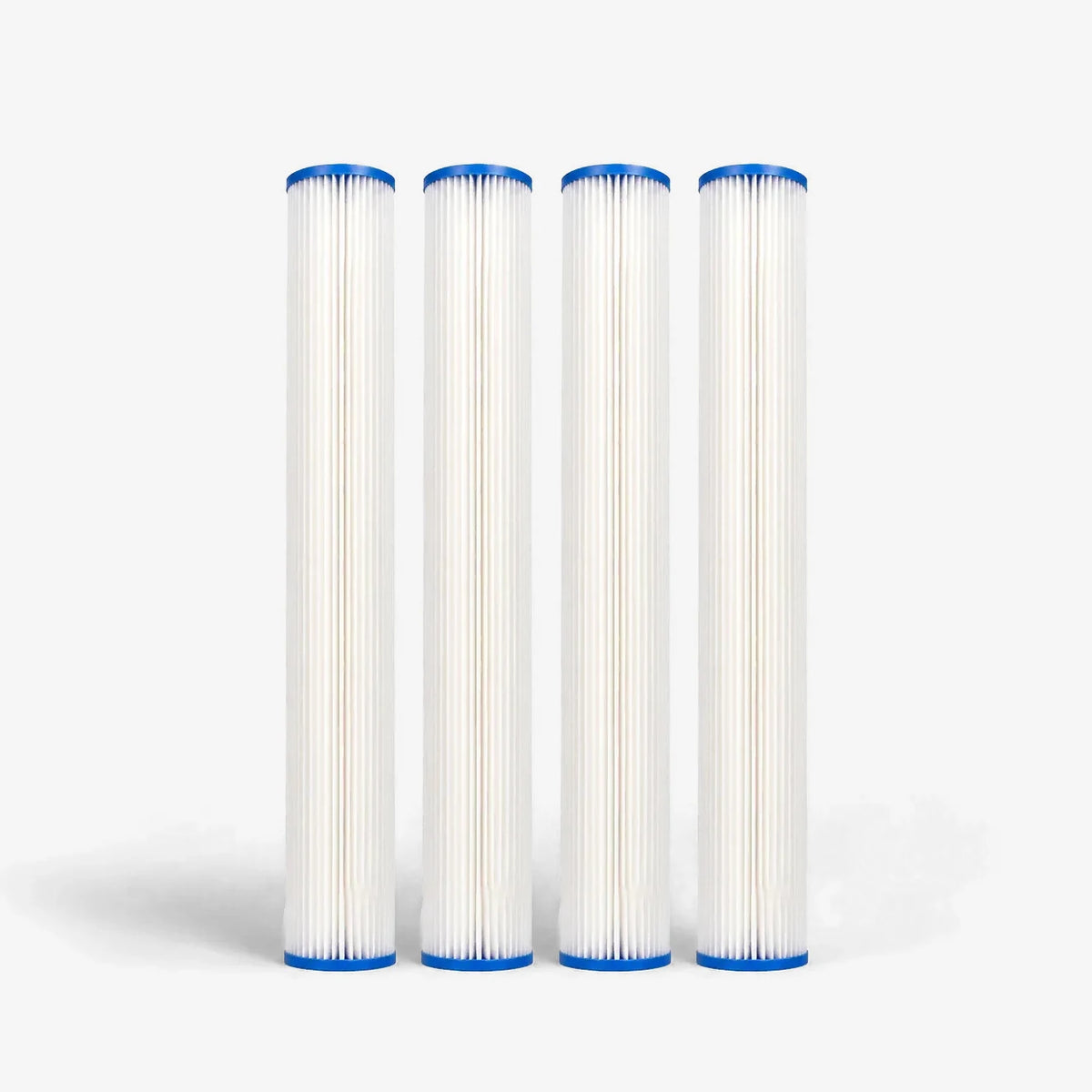 Pleated Cellulose Sediment Cartridge, 2-7/8 x 20 inch pack of four tall slim white pleated cartridges with blue end caps
