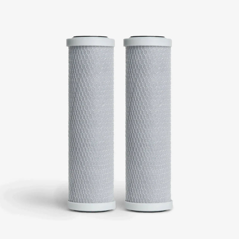 Coconut Based 5-Micron Carbon Block Cartridge, 2-7/8 x 9-3/4 inch pack of two gray mesh-wrapped blocks with white end caps