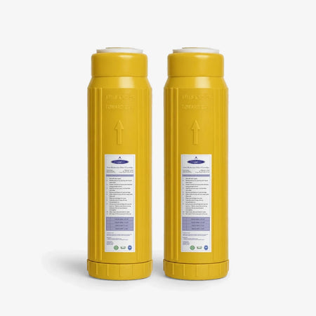 Iron Filter Cartridge, 2-7/8 x 9-3/4 inch pack of two yellow cartridges with white labels