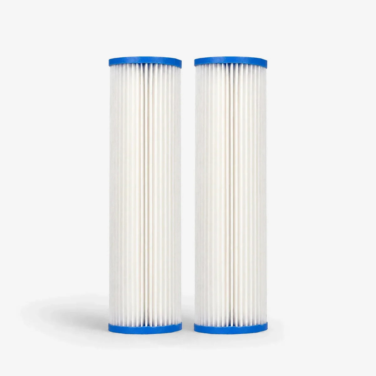Pleated Cellulose Sediment Cartridge, 2-7/8 x 9-3/4 inch pack of two white pleated cartridges with blue end caps
