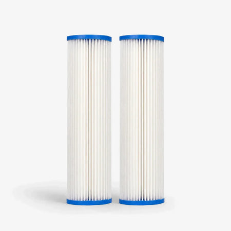 Pleated Cellulose Sediment Cartridge, 2-7/8 x 9-3/4 inch pack of two white pleated cartridges with blue end caps