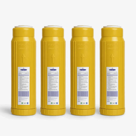 Iron Filter Cartridge, 2-7/8 x 9-3/4 inch pack of four yellow cartridges with white labels
