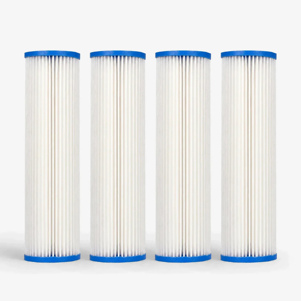 Pleated Cellulose Sediment Cartridge, 2-7/8 x 9-3/4 inch pack of four white pleated cartridges with blue end caps