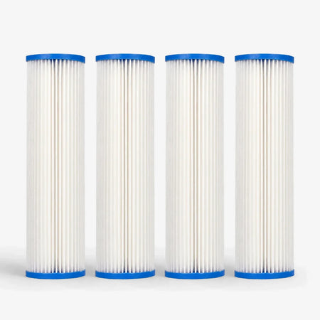 Pleated Cellulose Sediment Cartridge, 2-7/8 x 9-3/4 inch pack of four white pleated cartridges with blue end caps