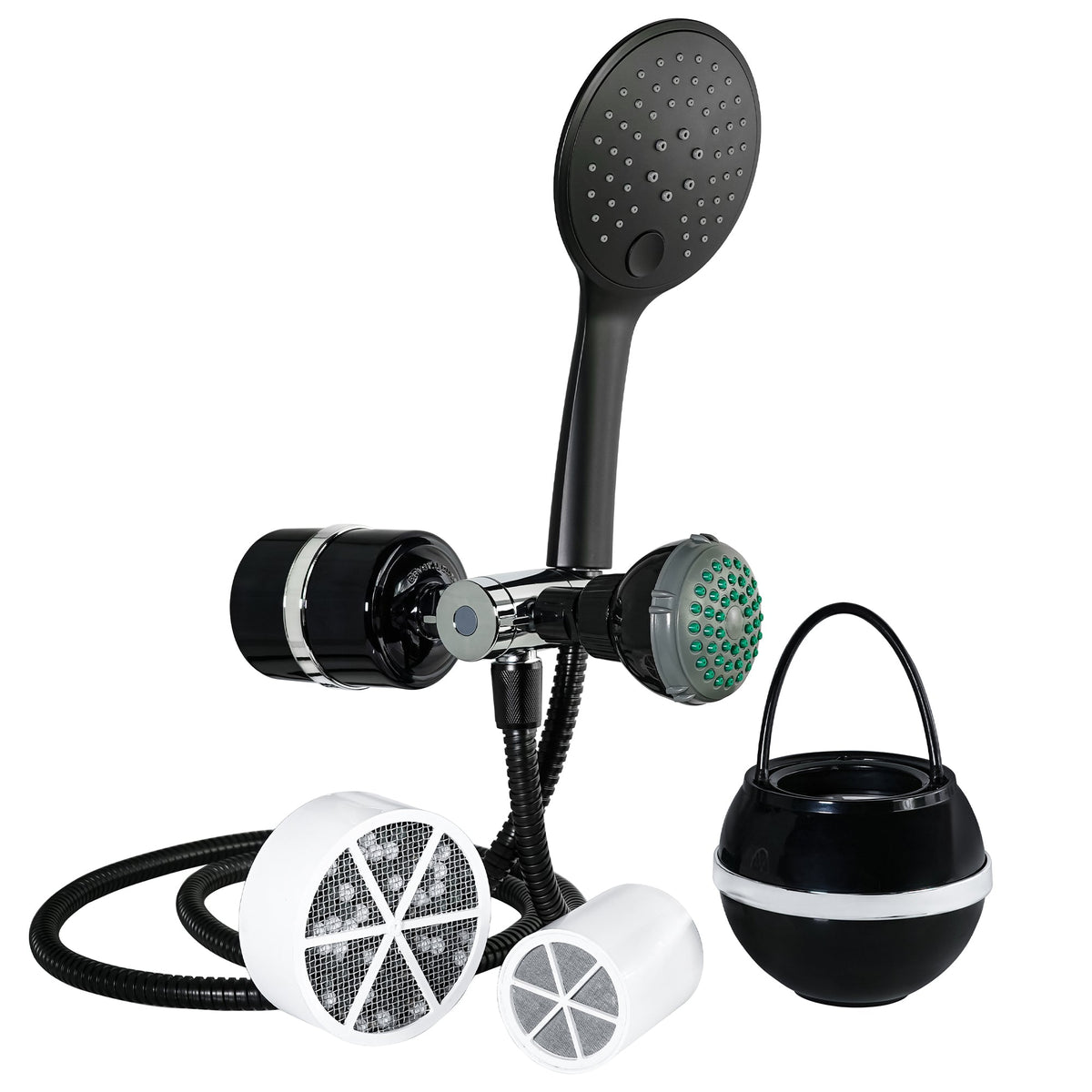 2-in-1 Combo Shower Filter and Bath Ball Bundle, black finish with handheld head, hose, cartridges and Bath Ball