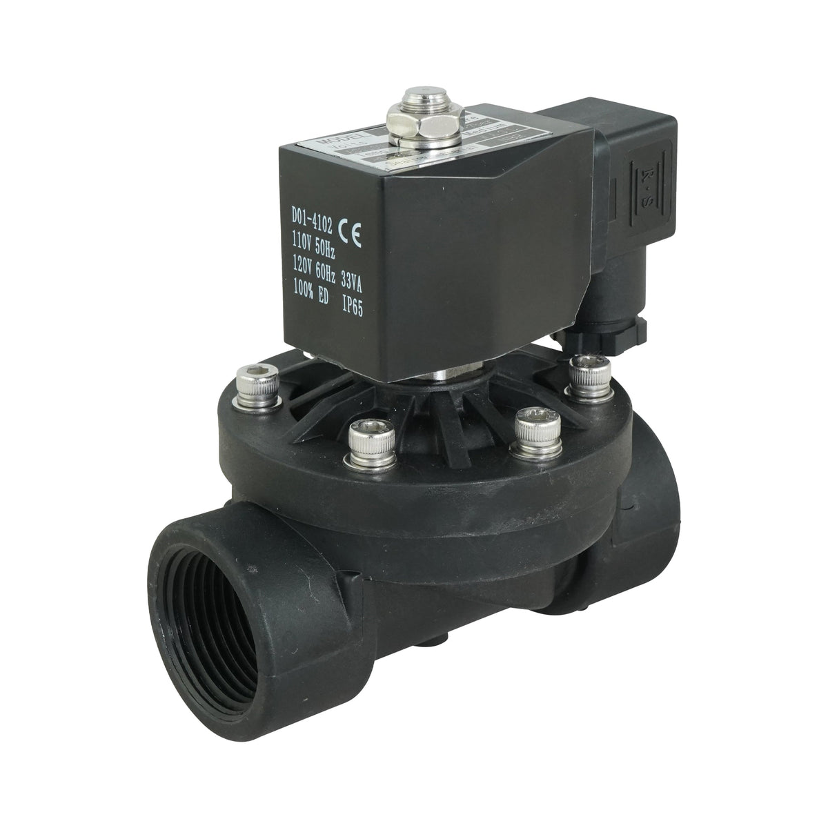 Solenoid Valve, black PVC body with square 110V coil, front angled view