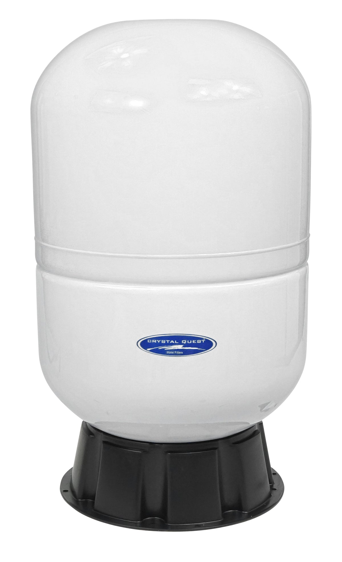 Bladder Tank, white tank on black stand base, front view