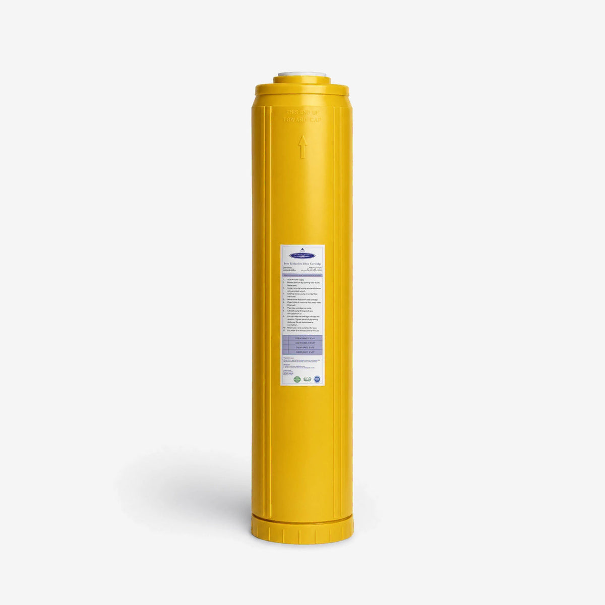 Iron Filter Cartridge, 4-5/8 x 20 inch single tall wide yellow cartridge with white label