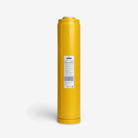 Iron Filter Cartridge, 4-5/8 x 20 inch single tall wide yellow cartridge with white label