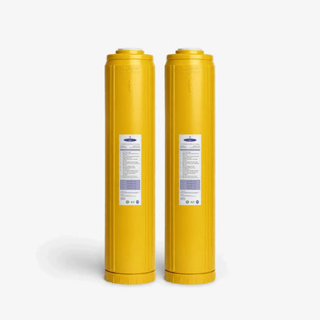 Iron Filter Cartridge, 4-5/8 x 20 inch pack of two tall wide yellow cartridges with white labels