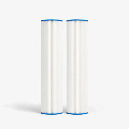 Pleated Cellulose Sediment Cartridge, 4-5/8 x 20 inch pack of two tall wide white pleated cartridges with blue end caps