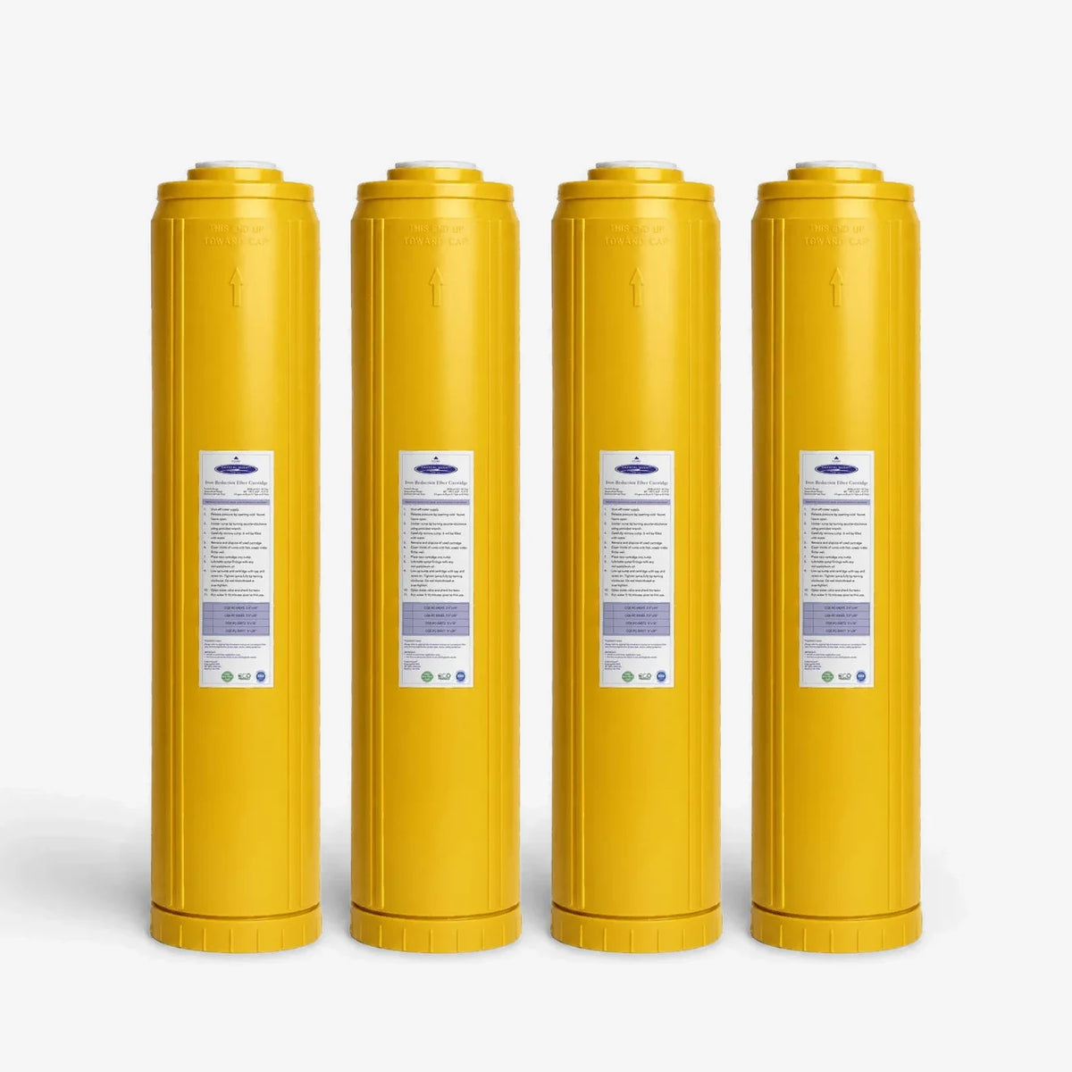 Iron Filter Cartridge, 4-5/8 x 20 inch pack of four tall wide yellow cartridges with white labels