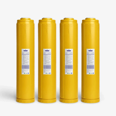 Iron Filter Cartridge, 4-5/8 x 20 inch pack of four tall wide yellow cartridges with white labels