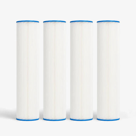 Pleated Cellulose Sediment Cartridge, 4-5/8 x 20 inch pack of four tall wide white pleated cartridges with blue end caps