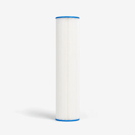 Pleated Cellulose Sediment Cartridge, 4-5/8 x 20 inch single tall wide white pleated cartridge with blue end caps