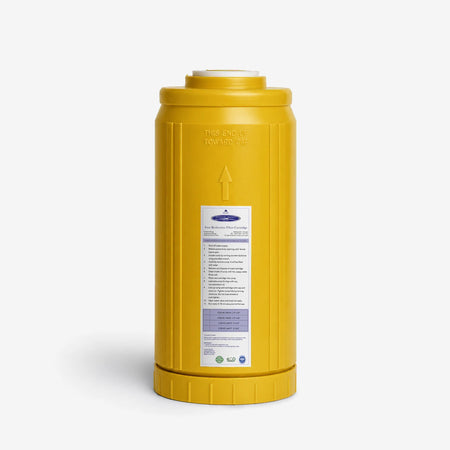 Iron Filter Cartridge, 4-5/8 x 9-3/4 inch single wide yellow cartridge with lavender-banded label, front view