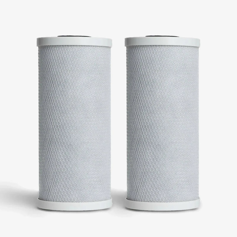 Coconut Based 5-Micron Carbon Block Cartridge, 4-5/8 x 9-3/4 inch pack of two wide gray mesh-wrapped blocks with white end caps
