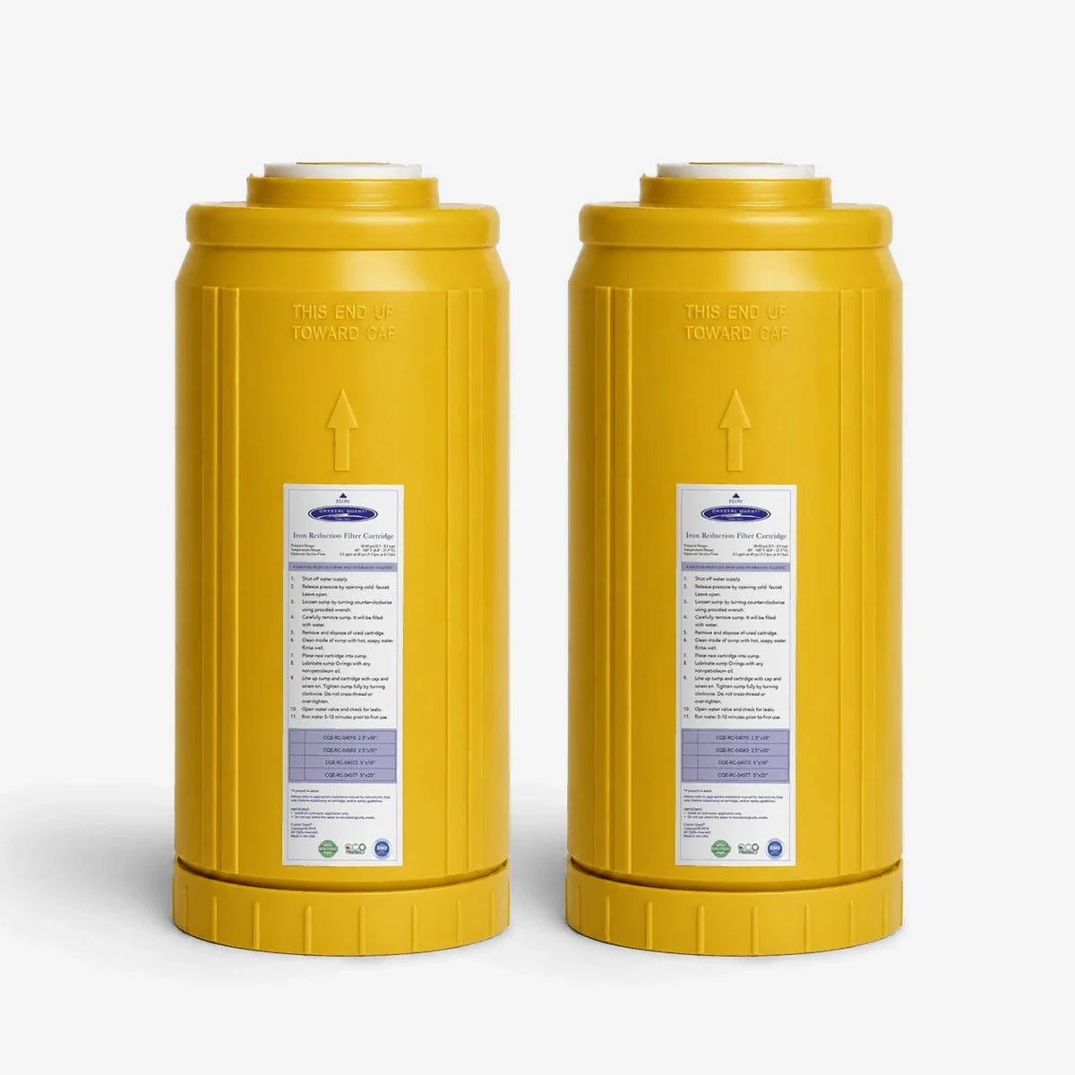 Iron Filter Cartridge, 4-5/8 x 9-3/4 inch pack of two wide yellow cartridges with white labels