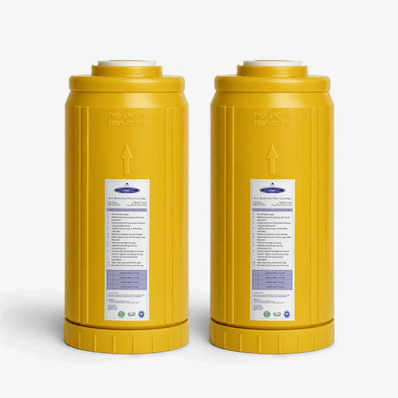 Iron Filter Cartridge, 4-5/8 x 9-3/4 inch pack of two wide yellow cartridges with white labels