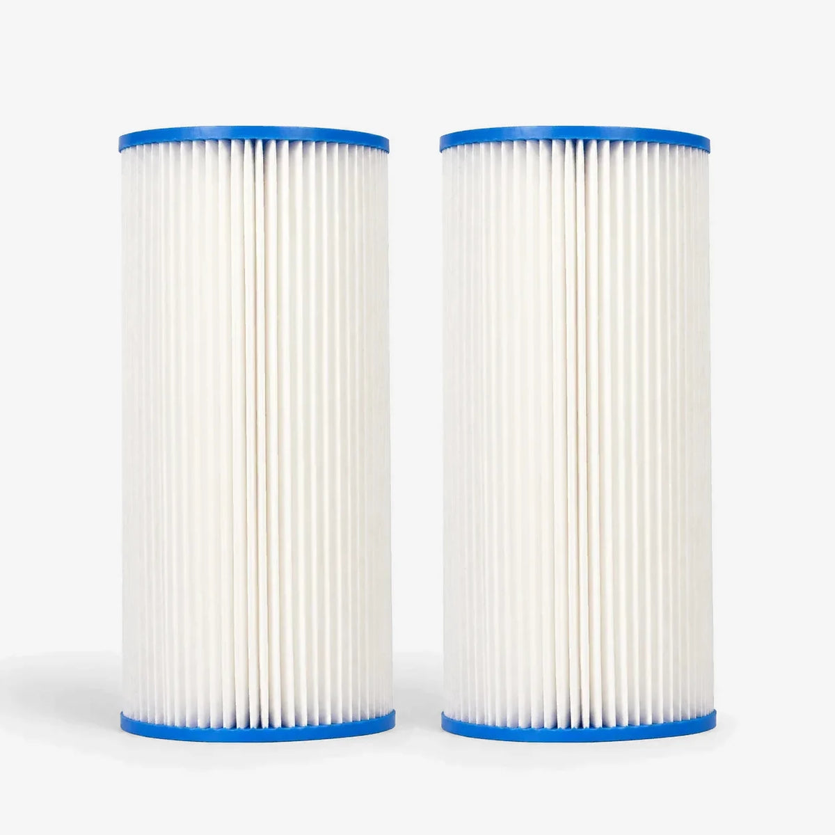 Pleated Cellulose Sediment Cartridge, 4-5/8 x 9-3/4 inch pack of two wide white pleated cartridges with blue end caps