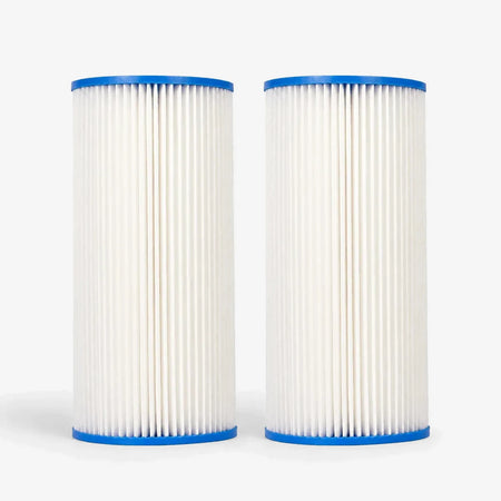 Pleated Cellulose Sediment Cartridge, 4-5/8 x 9-3/4 inch pack of two wide white pleated cartridges with blue end caps