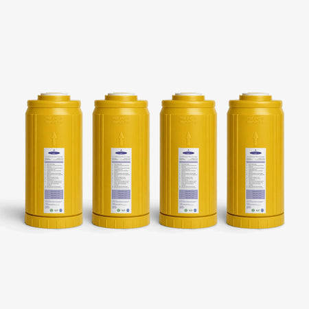 Iron Filter Cartridge, 4-5/8 x 9-3/4 inch pack of four wide yellow cartridges with white labels